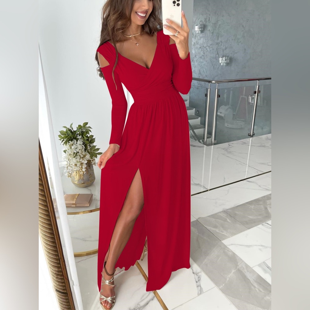 Red Long Sleeve Gown with Slit